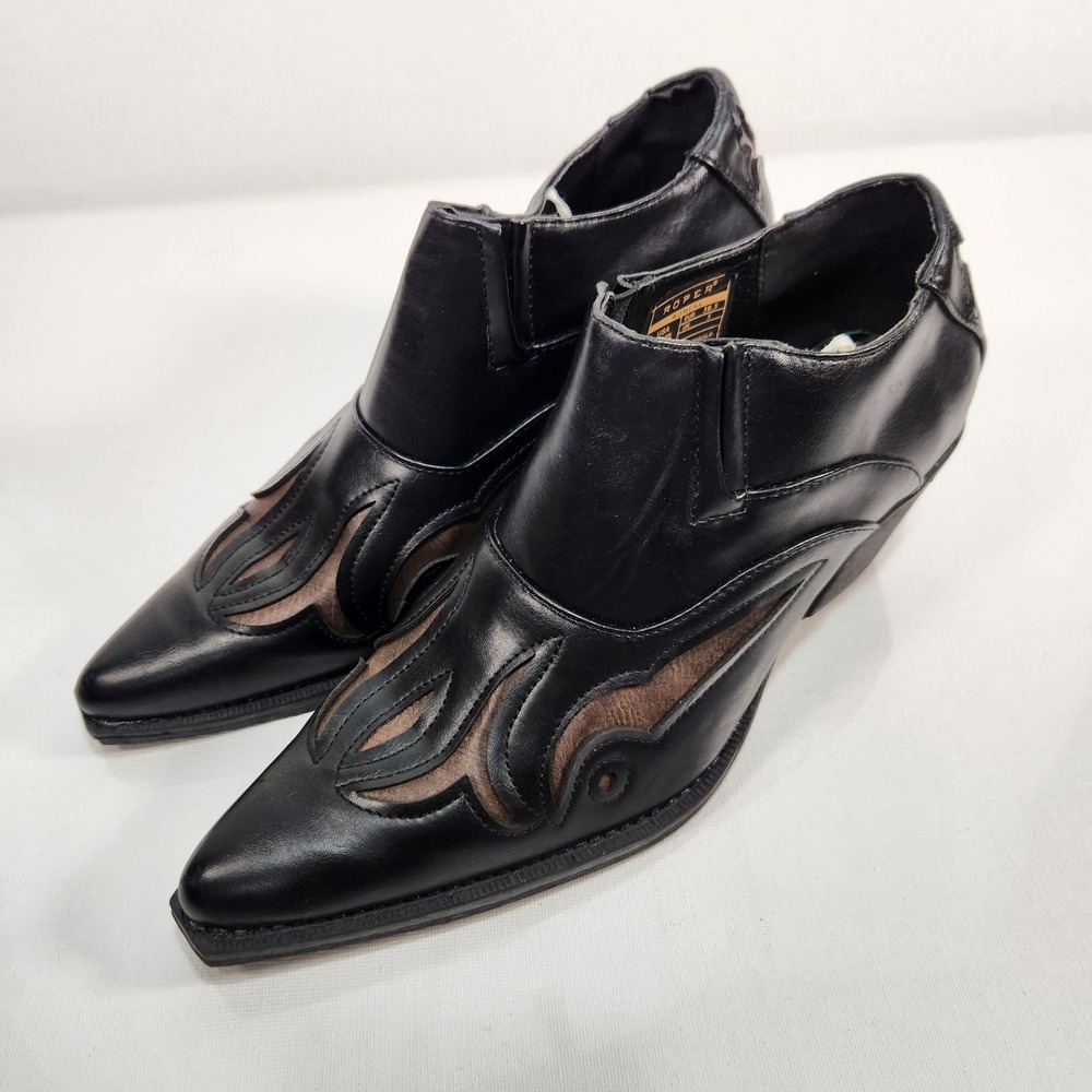 Roper Ankle Boots Womens 7.5 Western Inlay Black‎ Faux Leather Snip Toe Bootie